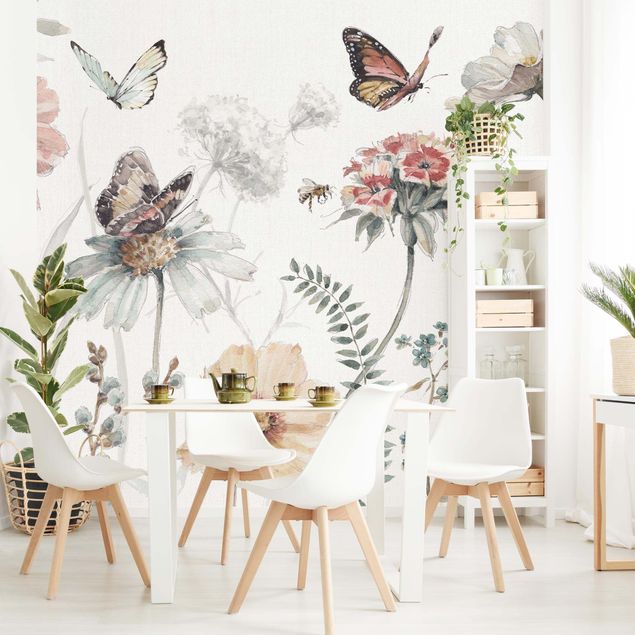 Wanddeko Wohnzimmer Aquarell Blumenwiese mit Schmetterlingen