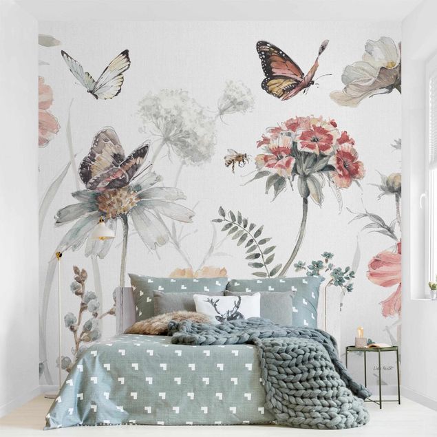 Wanddeko Schlafzimmer Aquarell Blumenwiese mit Schmetterlingen