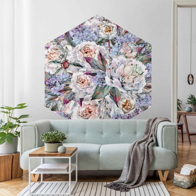 Wanddeko Schlafzimmer Aquarell Flieder Pfingstrosen Bouquet
