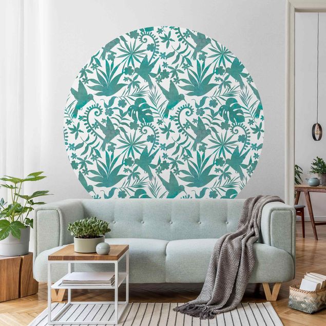 Wanddeko Wohnzimmer Aquarell Kolibri und Pflanzen Silhouetten Muster in Türkis