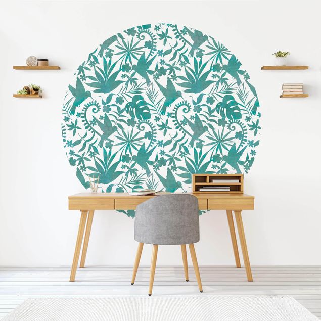 Wanddeko Schlafzimmer Aquarell Kolibri und Pflanzen Silhouetten Muster in Türkis