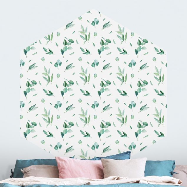 Wanddeko Schlafzimmer Aquarell Muster Blätter und Eukalyptus