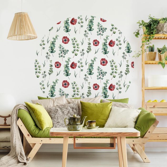 Wanddeko Schlafzimmer Aquarell Muster Eukalyptus und Blüten