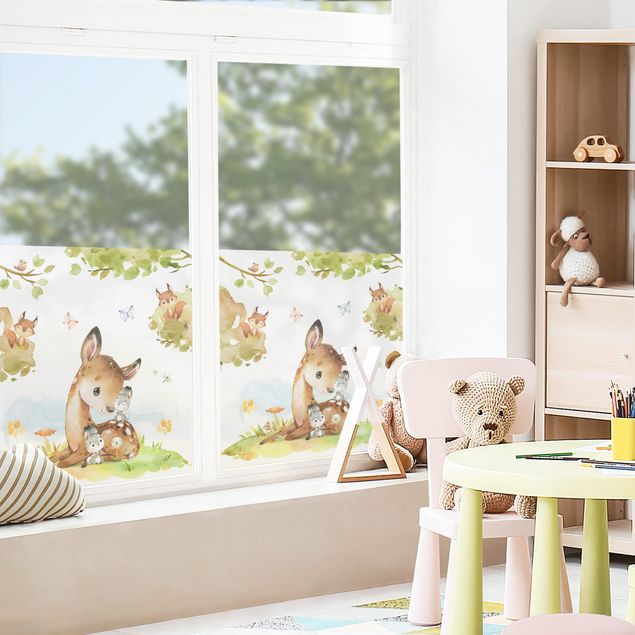 Wanddeko Babyzimmer Aquarell Reh Hasen und Eichhörnchen