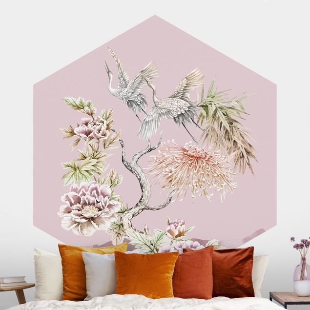 Wanddeko Schlafzimmer Aquarell Störche im Flug mit Blumen auf Rosa