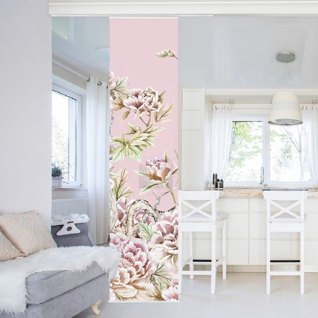 Wanddeko Wohnzimmer Aquarell Störche im Flug mit Rosen auf Rosa