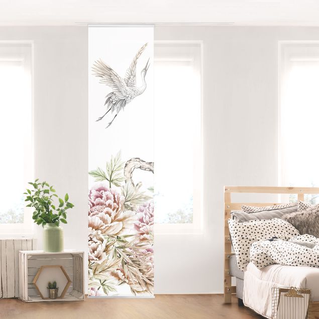 Wanddeko Wohnzimmer Aquarell Störche im Flug mit Rosen