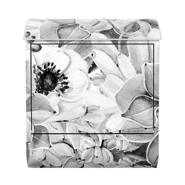 Wanddeko schwarz-weiß Aquarell Sukkulente mit Blüte in Schwarz Weiß