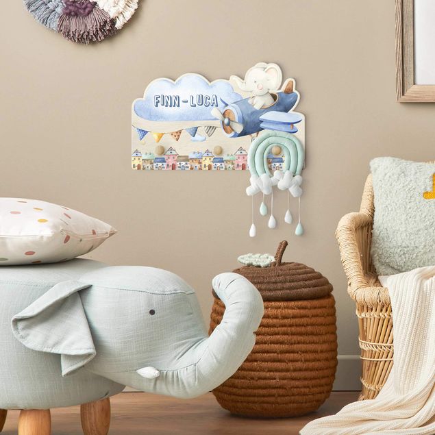 Wanddeko Büro Aquarell Tierpilot Elefant mit Wunschname