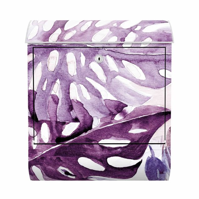 Wanddeko violett Aquarell Tropische Blätter mit Monstera in Aubergine