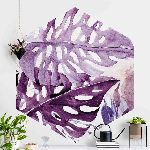 Wanddeko Schlafzimmer Aquarell Tropische Blätter mit Monstera in Aubergine