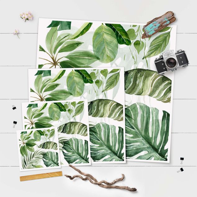 Wanddeko über Sofa Aquarell Tropische Blätter und Ranken