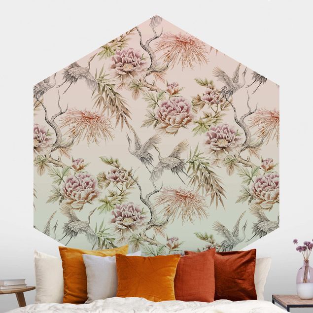 Wanddeko Schlafzimmer Aquarell Vögel mit großen Blüten in Ombre