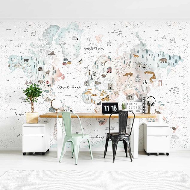Wanddeko Wohnzimmer Aquarell Weltkarte Pastell