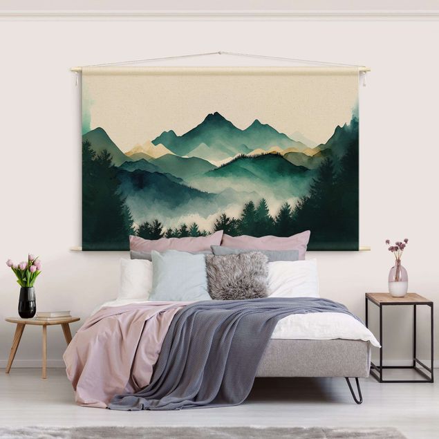 Wanddeko Schlafzimmer Aquarellierte Berglandschaft