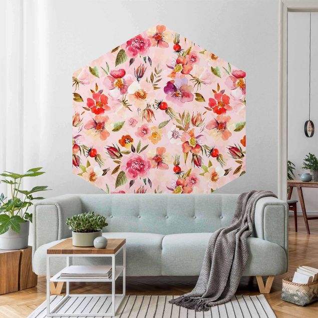 Wanddeko Flur Aquarellierte Blumen auf Rosa