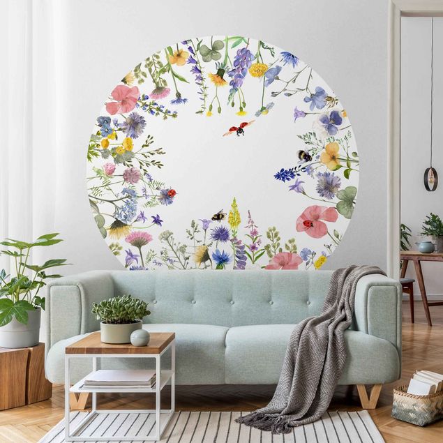 Wanddeko Schlafzimmer Aquarellierte Blumen mit Marienkäfern