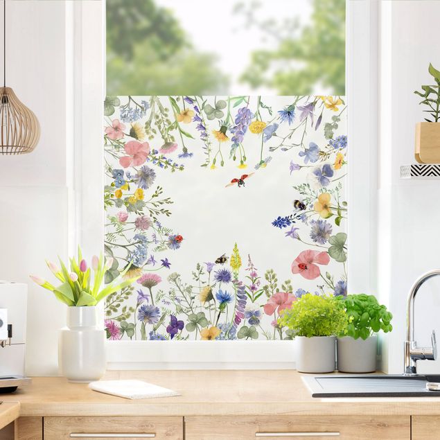 Wanddeko Büro Aquarellierte Blumen mit Marienkäfern