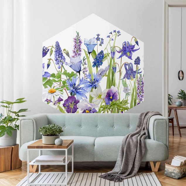 Wanddeko Schlafzimmer Aquarellierte Blumenwiese in Blau