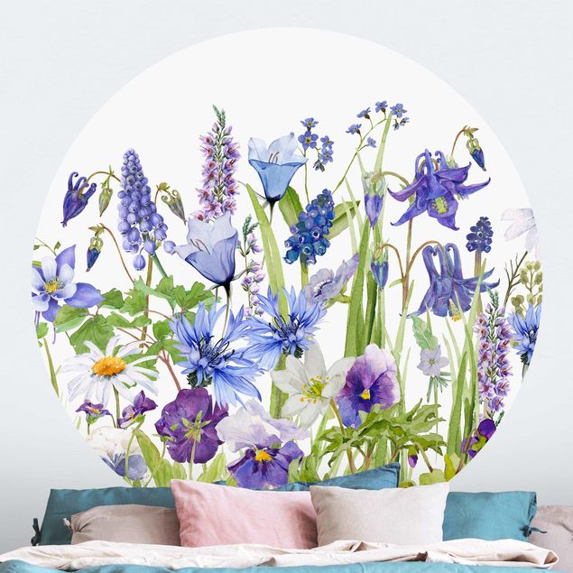 Wanddeko Wohnzimmer Aquarellierte Blumenwiese in Blau