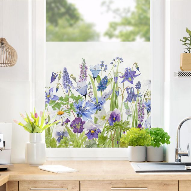 Wanddeko Büro Aquarellierte Blumenwiese in Blau