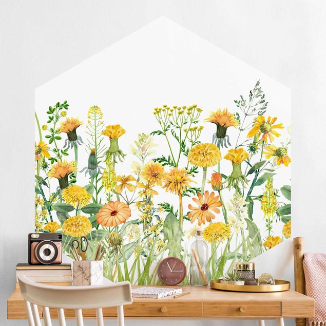 Wanddeko Schlafzimmer Aquarellierte Blumenwiese in Gelb