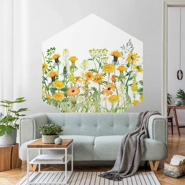 Wanddeko Esszimmer Aquarellierte Blumenwiese in Gelb