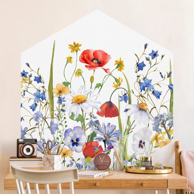 Wanddeko bunt Aquarellierte Blumenwiese mit Mohn