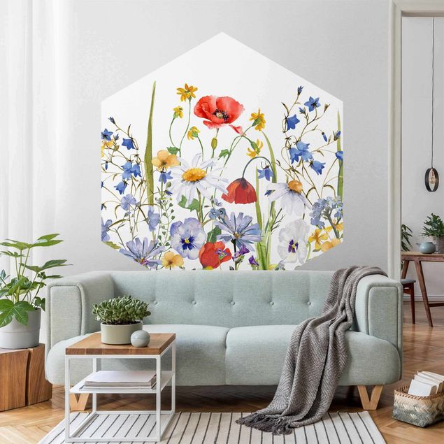 Wanddeko Schlafzimmer Aquarellierte Blumenwiese mit Mohn