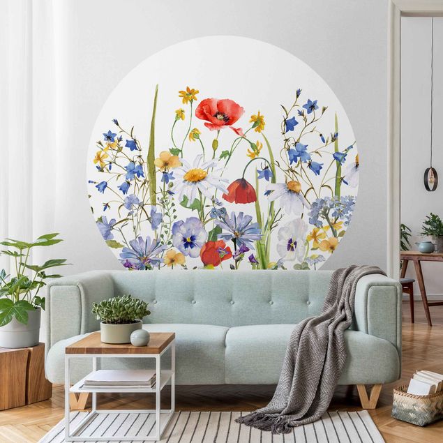 Wanddeko Wohnzimmer Aquarellierte Blumenwiese mit Mohn