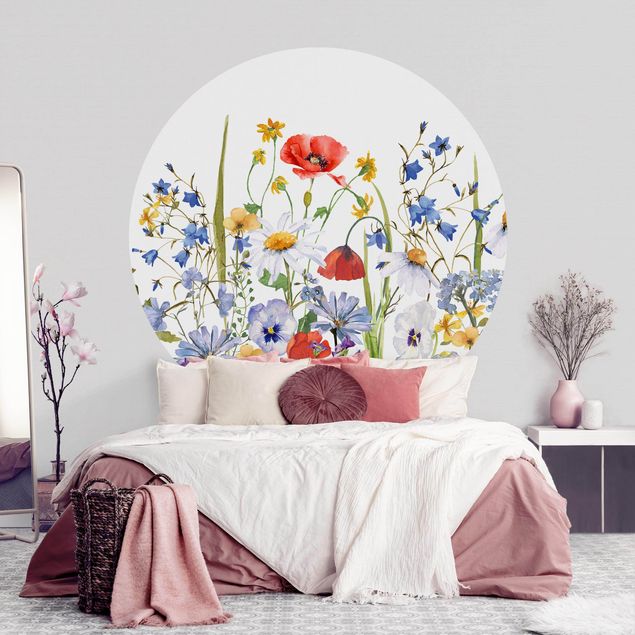 Wanddeko Schlafzimmer Aquarellierte Blumenwiese mit Mohn