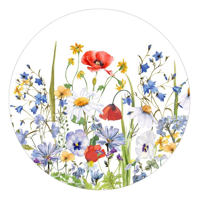 Wanddeko Esszimmer Aquarellierte Blumenwiese mit Mohn