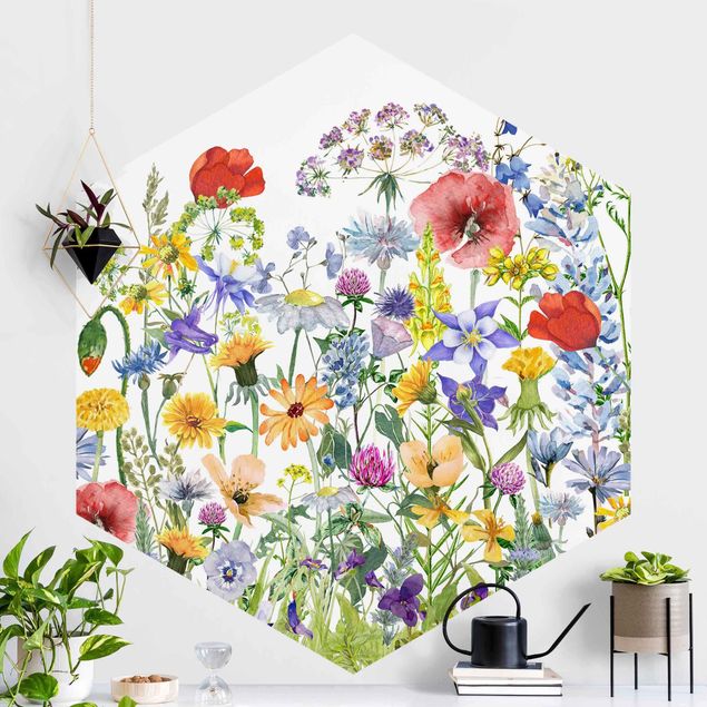 Wanddeko bunt Aquarellierte Blumenwiese
