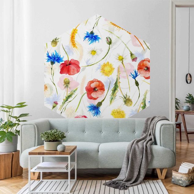 Wanddeko Schlafzimmer Aquarellierte Feldblumen mit Mohn