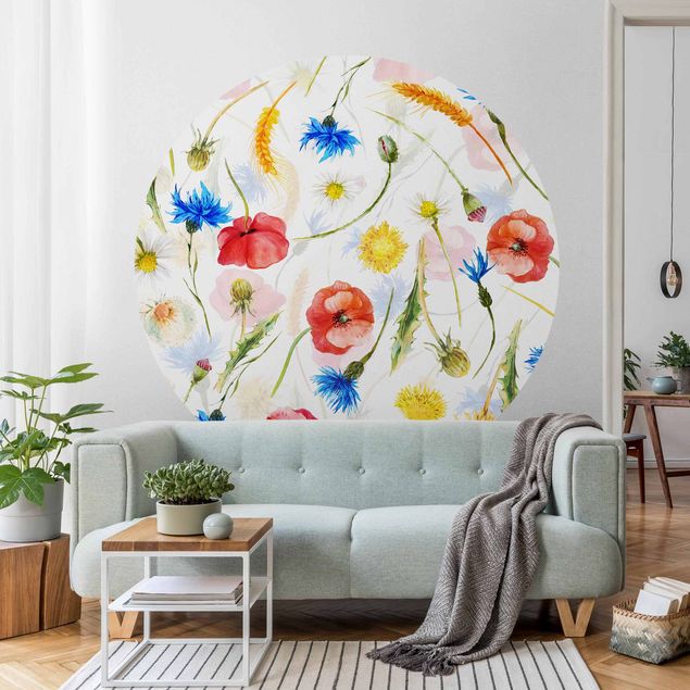Wanddeko Wohnzimmer Aquarellierte Feldblumen mit Mohn