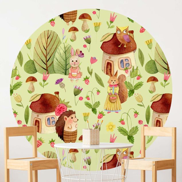 Kinderzimmer Deko Aquarellierte Igel mit Eule Illustration auf Grün