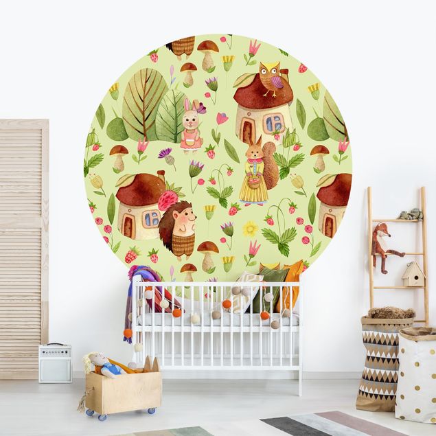 Wanddeko Babyzimmer Aquarellierte Igel mit Eule Illustration auf Grün