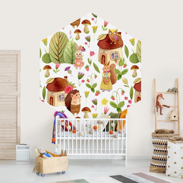 Wanddeko Babyzimmer Aquarellierte Igel mit Eule Illustration