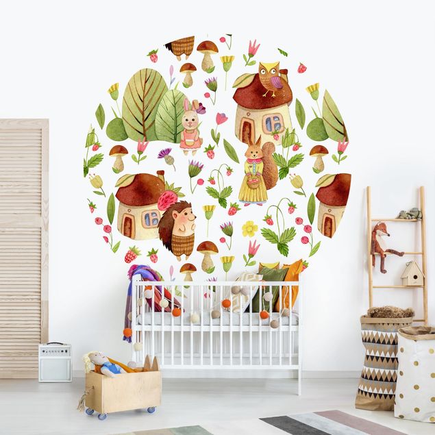 Wanddeko Babyzimmer Aquarellierte Igel mit Eule Illustration