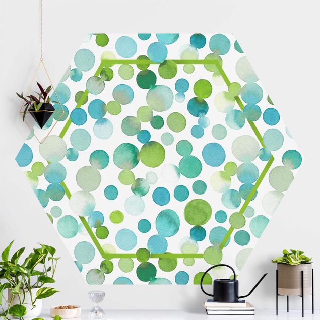Hexagon Mustertapete selbstklebend - Aquarellpunkte Konfetti in Blaugrün