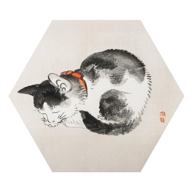 Wanddeko Treppenhaus Asiatische Vintage Zeichnung Schlafende Katze
