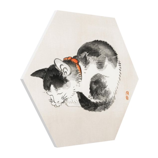 Wandbilder Katzen Asiatische Vintage Zeichnung Schlafende Katze