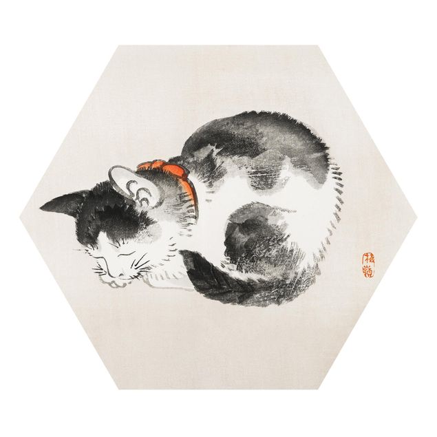 Wanddeko Treppenhaus Asiatische Vintage Zeichnung Schlafende Katze