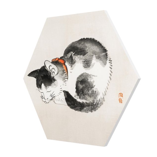 Wanddeko über Sofa Asiatische Vintage Zeichnung Schlafende Katze