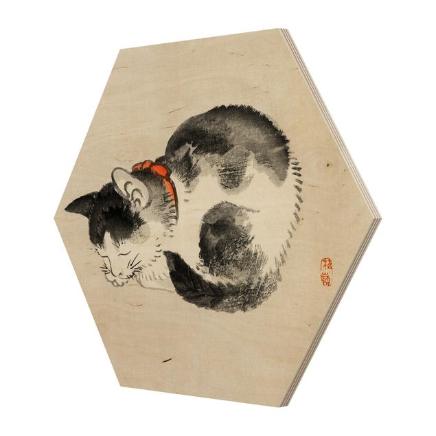 Wanddeko über Sofa Asiatische Vintage Zeichnung Schlafende Katze
