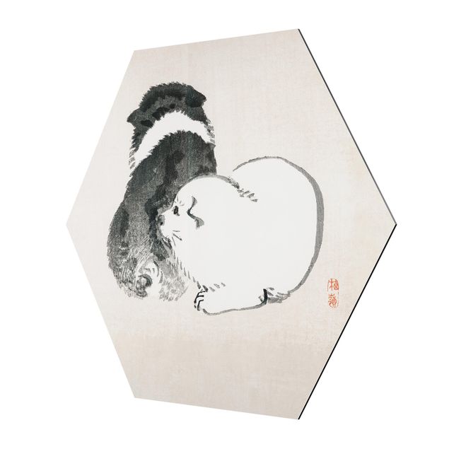 Wanddeko über Sofa Asiatische Vintage Zeichnung Schwarze und weiße Hündchen