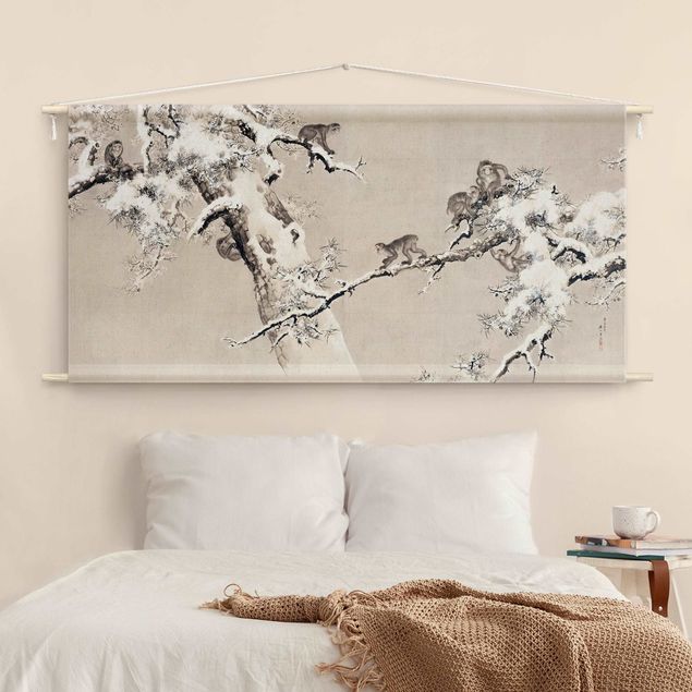 Wanddeko Schlafzimmer Asiatische Zeichnung - Affen im Winter
