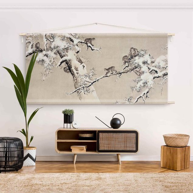 Wanddeko Wohnzimmer Asiatische Zeichnung - Affen im Winter