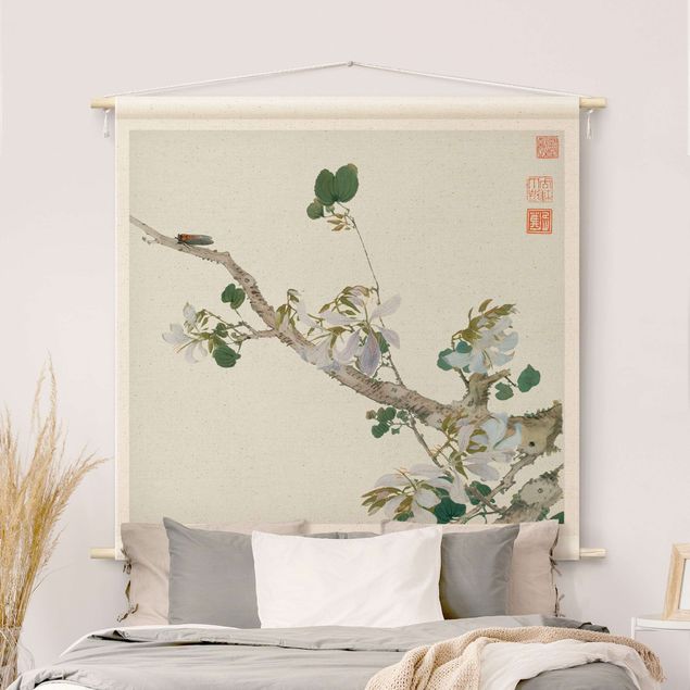 Wanddeko beige Asiatische Zeichnung - Ast mit Blüten