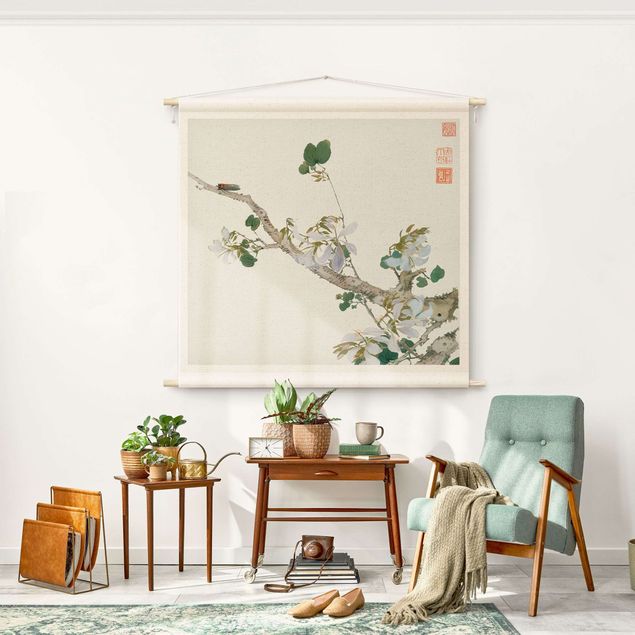 Wanddeko Wohnzimmer Asiatische Zeichnung - Ast mit Blüten